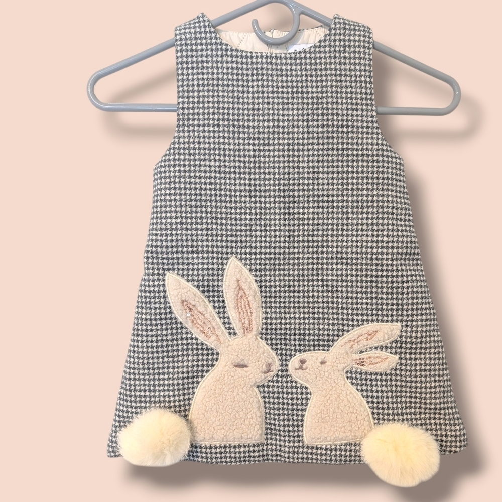 Lola And The Boys Grey Knit Sleeveless A-Line Kissing Bunnies Gingham Dress 2-3Y